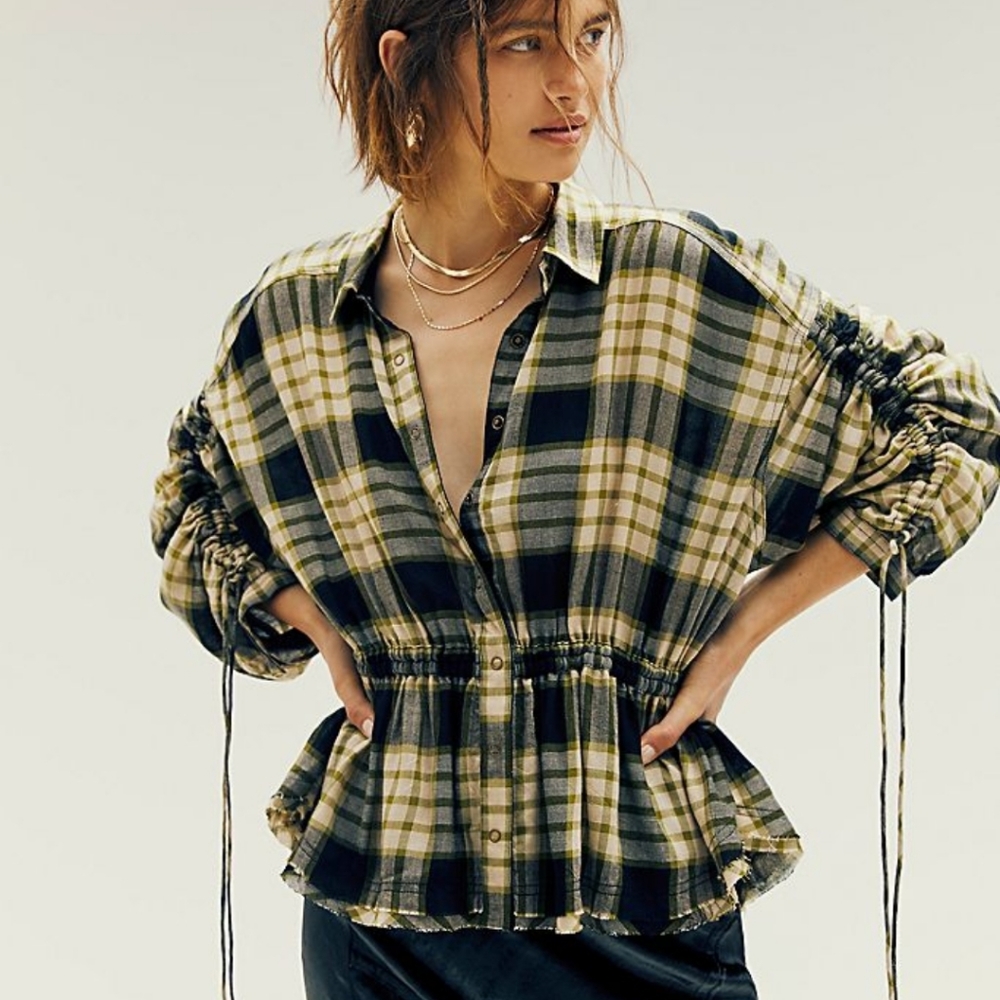 FREE PEOPLE Green Pacific Dawn Plaid Peplum Shirt